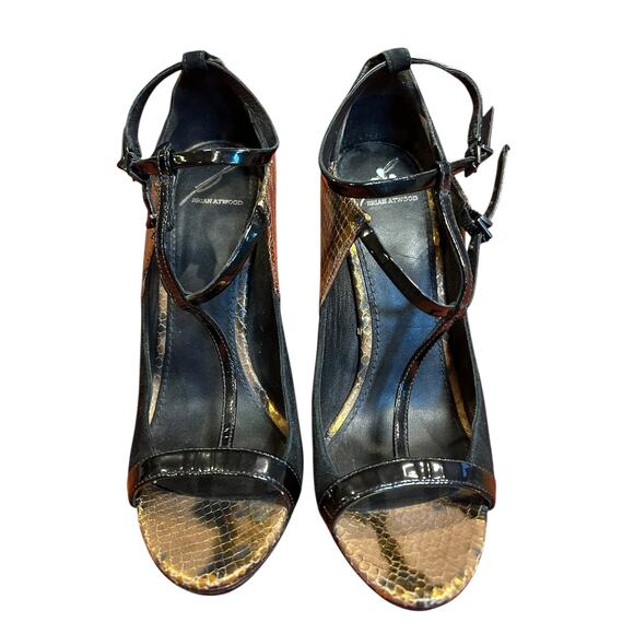 BRIAN ATWOOD Animal Print Reptile Gold Campisa T Strap Platform Sandal Heels 6.5 - Picture 2 of 9